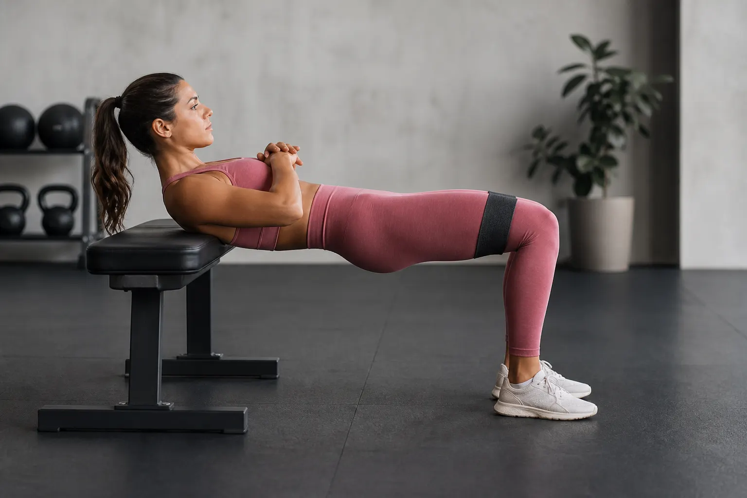 Woman holding a banded hip thrust with a fabric band above her knees