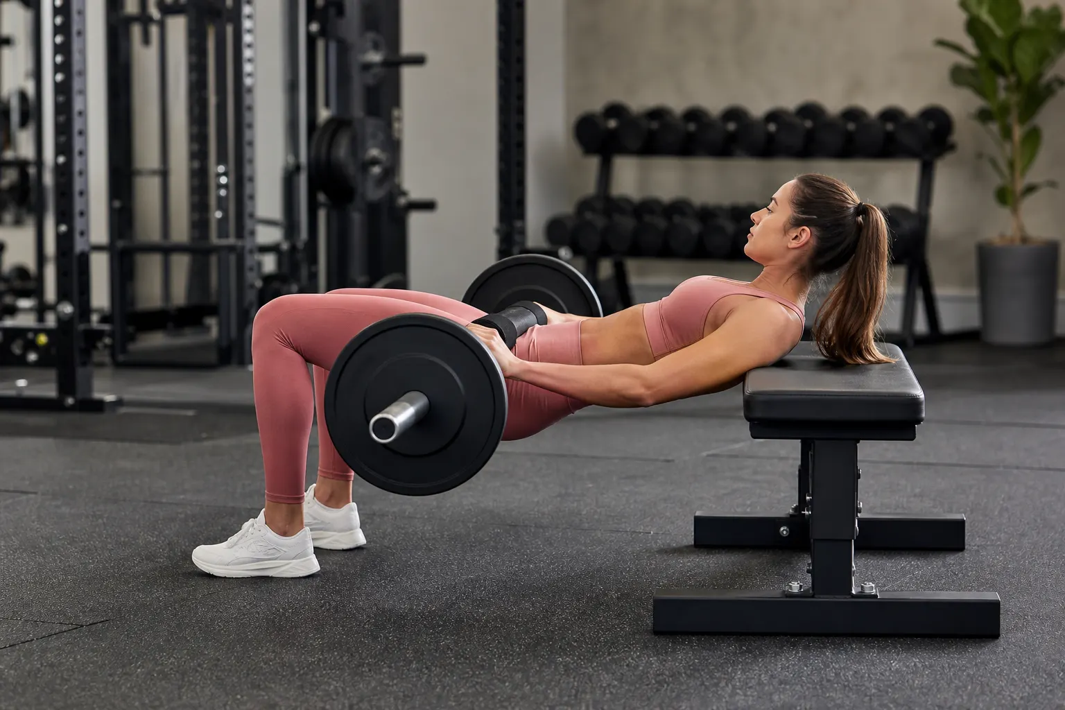 Woman demonstrating a barbell hip thrust with her shoulders on a flat bench