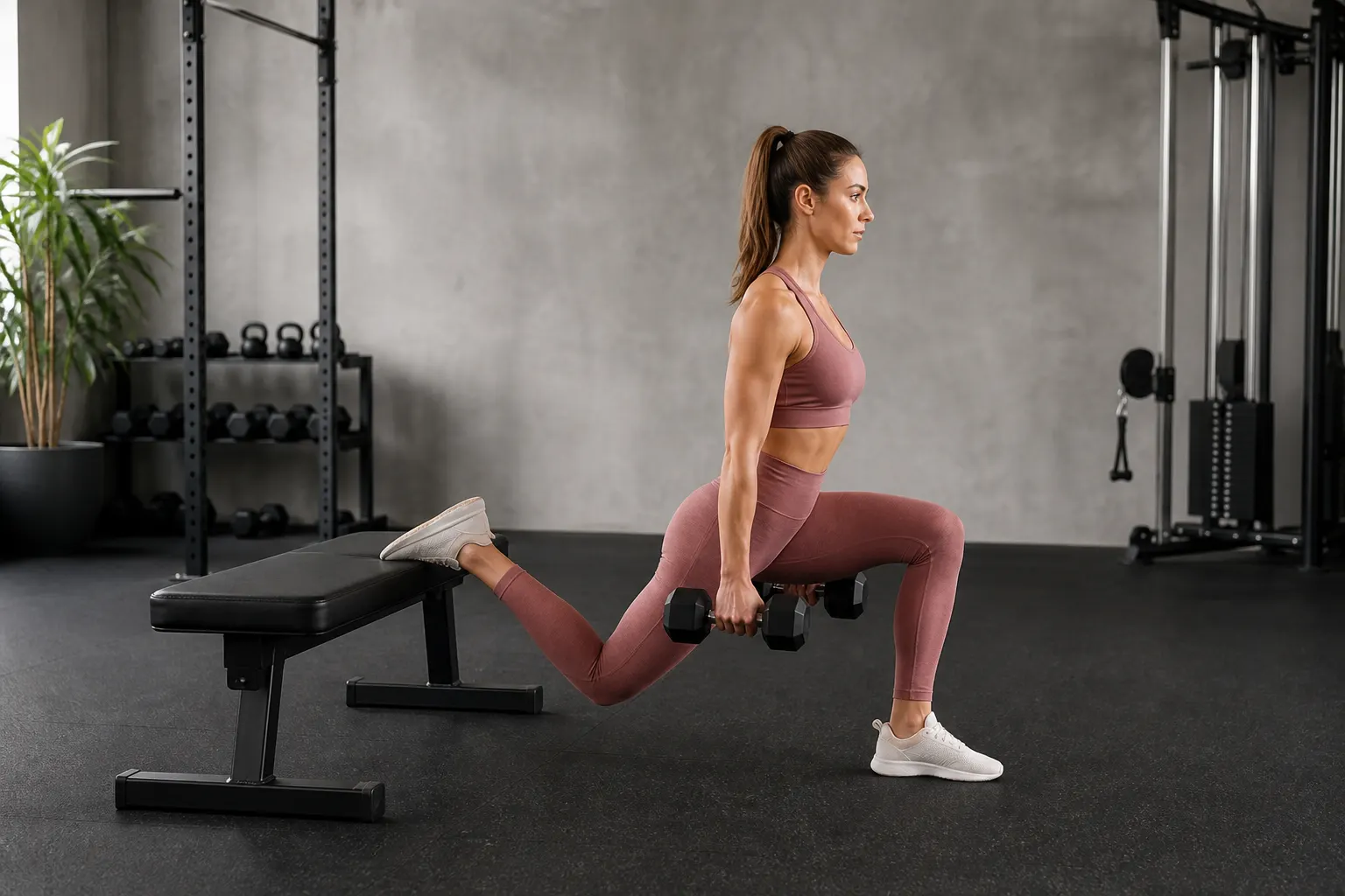 Side view of a woman performing a dumbbell Bulgarian split squat with her rear foot on a bench