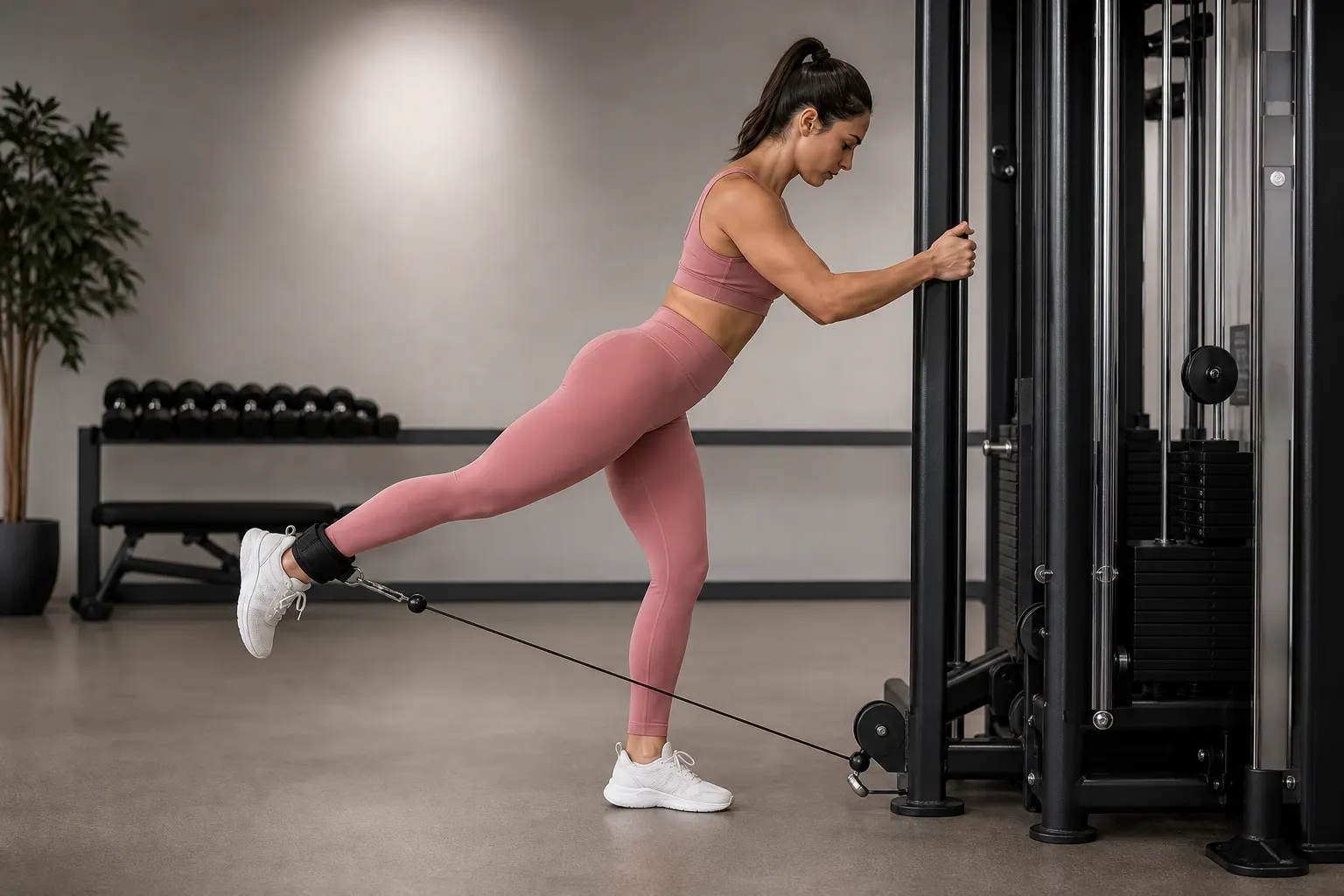 Woman performing a standing cable glute kickback with an ankle strap