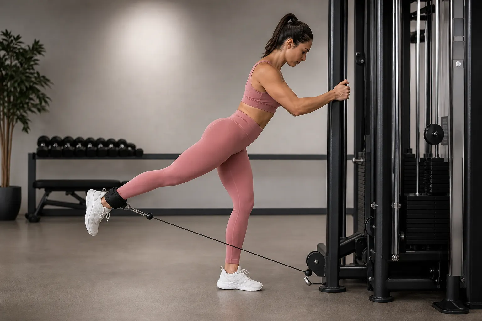 Standing cable glute kickback using an ankle cuff