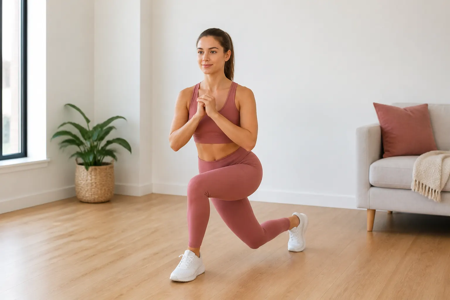 Woman demonstrating the lowered position of a bodyweight curtsy lunge