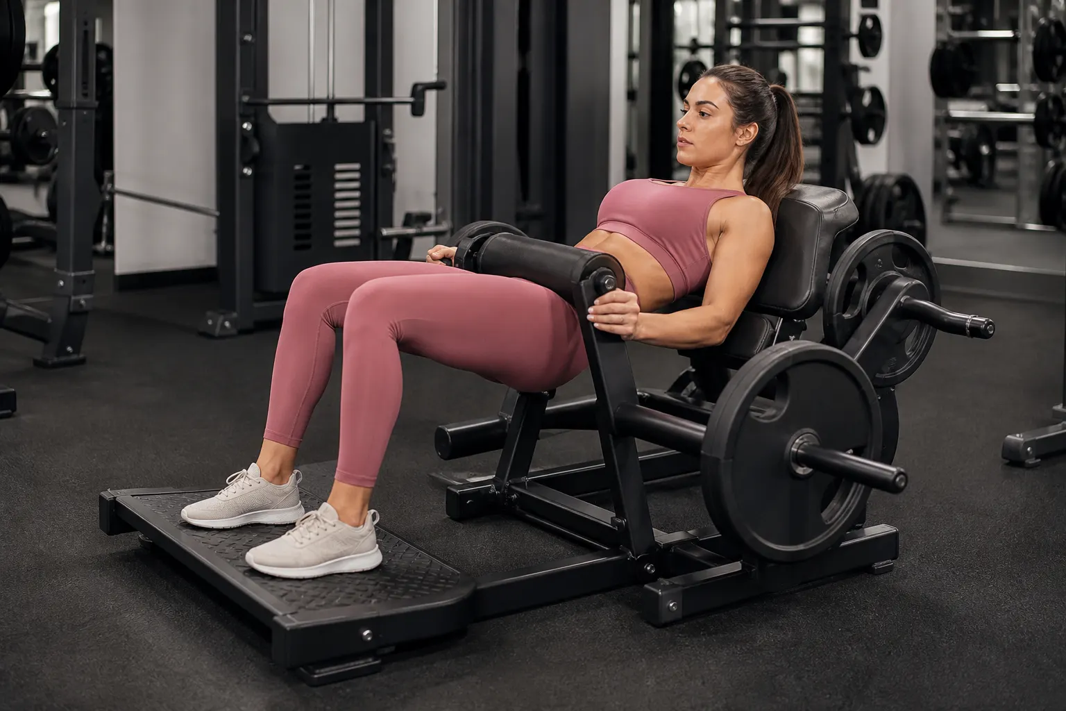 Woman using a plate-loaded hip thrust machine with the padded lever across her hips