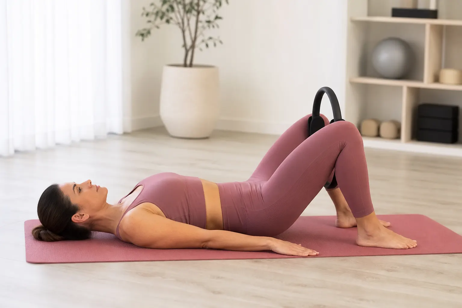 Woman lying on a mat with a Pilates ring positioned between her thighs