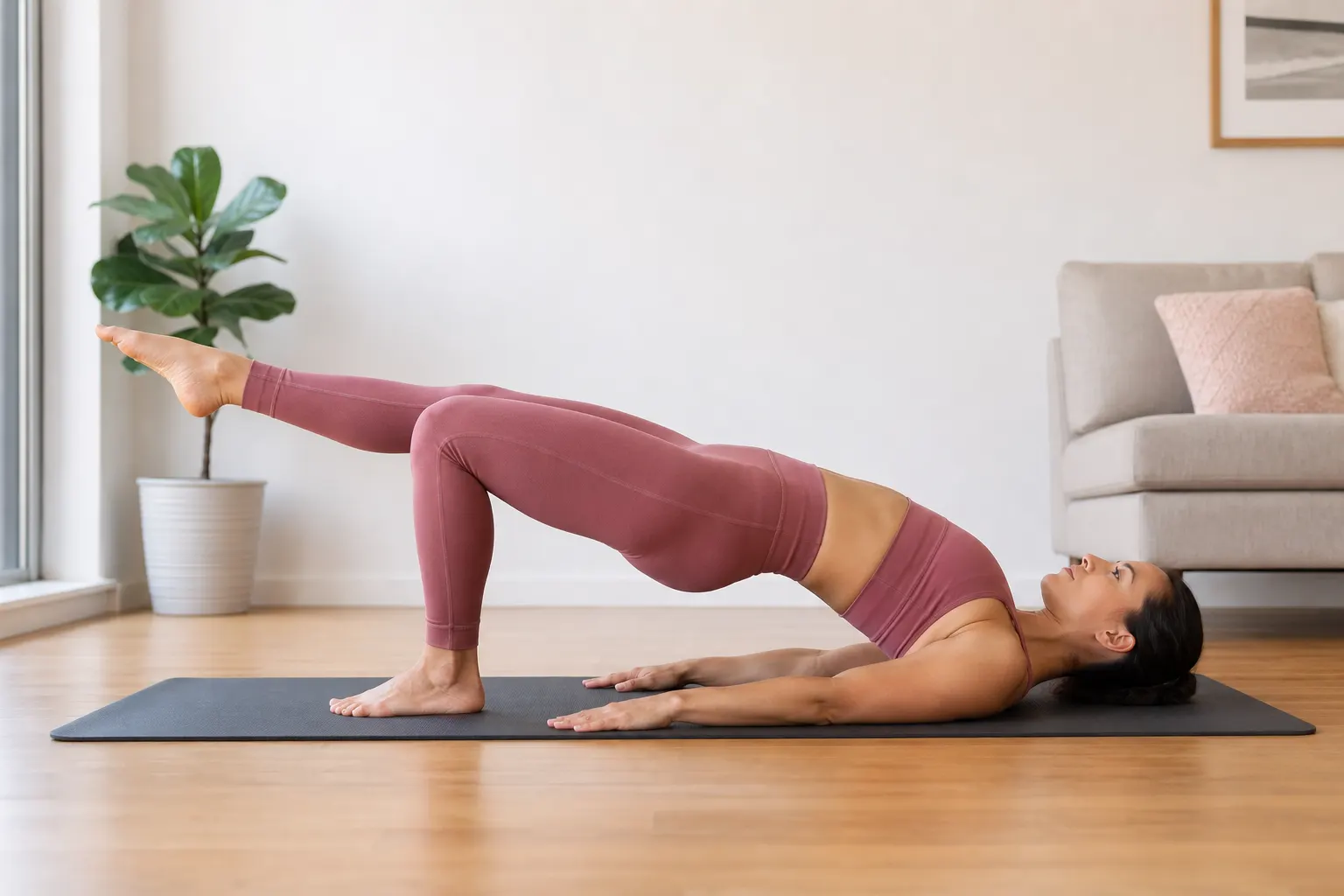 Athlete performing a single-leg glute bridge on a mat