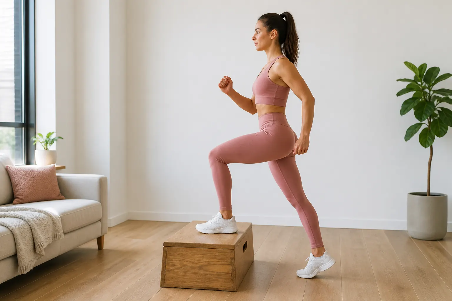 Woman stepping onto a sturdy exercise platform